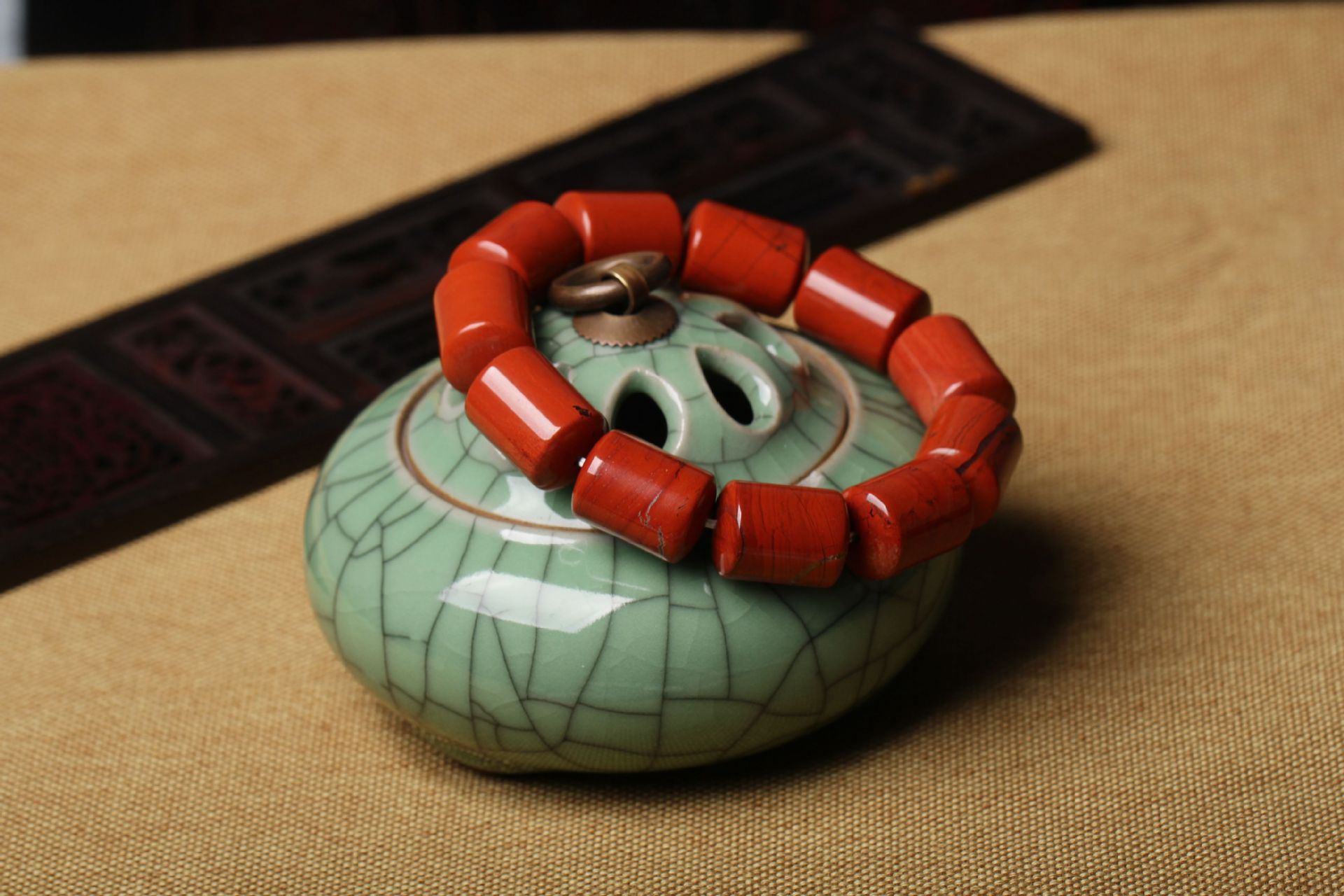 开光天然奈良红竹石手链 大气男女款桶珠手镯 2015转运守护石批发