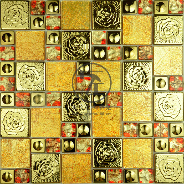 【匠】金色玫瑰花拼图拼花马赛克 客厅玄关欧式沙发过道建材瓷砖