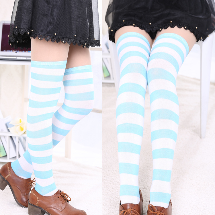 袜子长筒袜女士日系蓝白条纹过膝袜大腿袜子cosplay动漫女袜批发