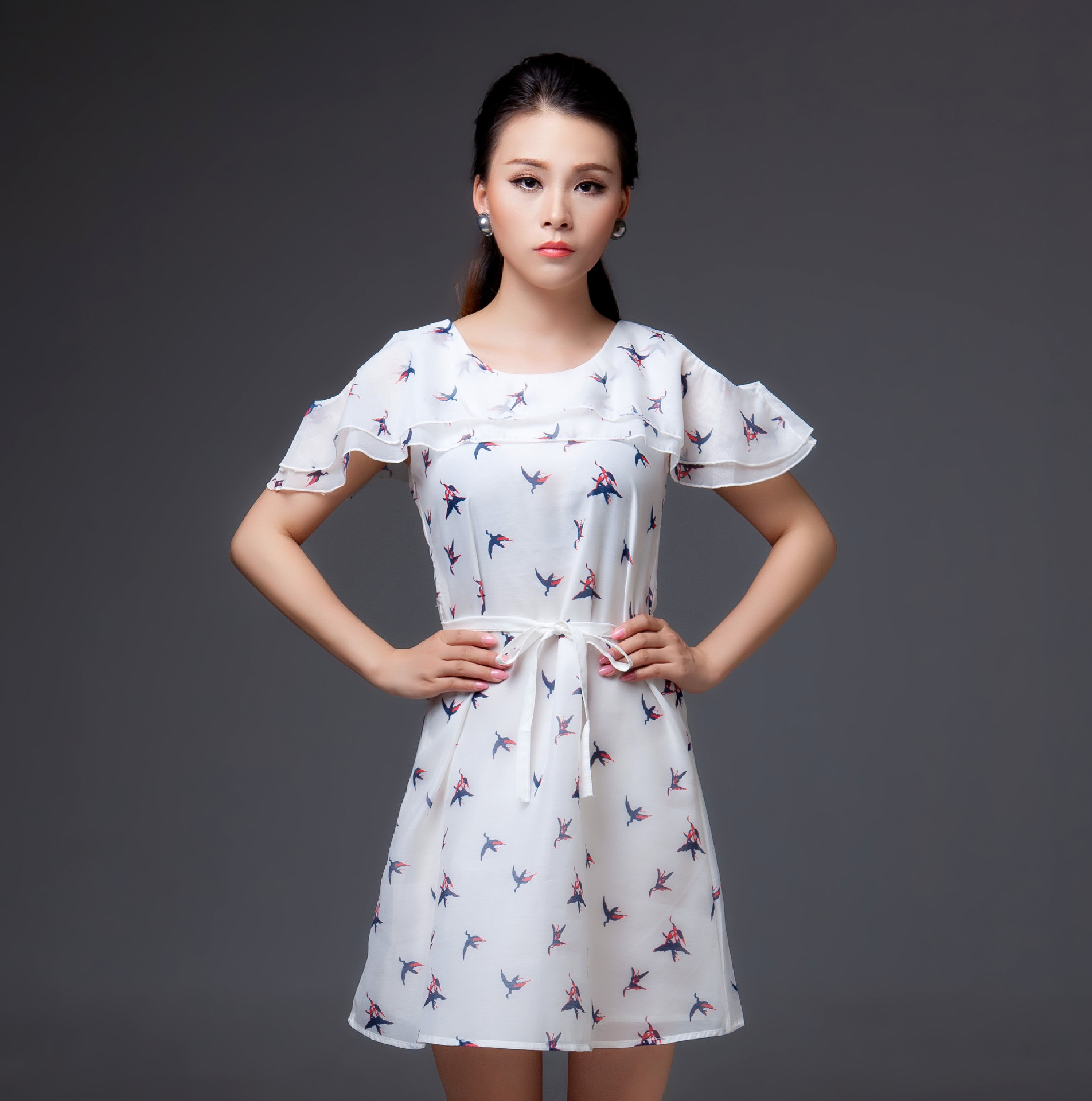 歌梵娜夏装新款女装连衣裙批发小鸟图案连衣裙露肩连衣裙花裙子