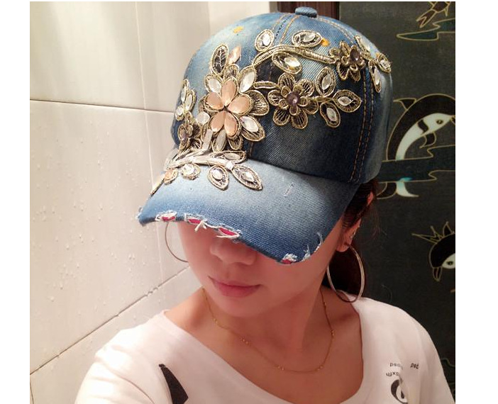 手工水晶玻璃钻金丝花装饰造型牛仔帽子韩版潮女夏天遮阳休闲帽