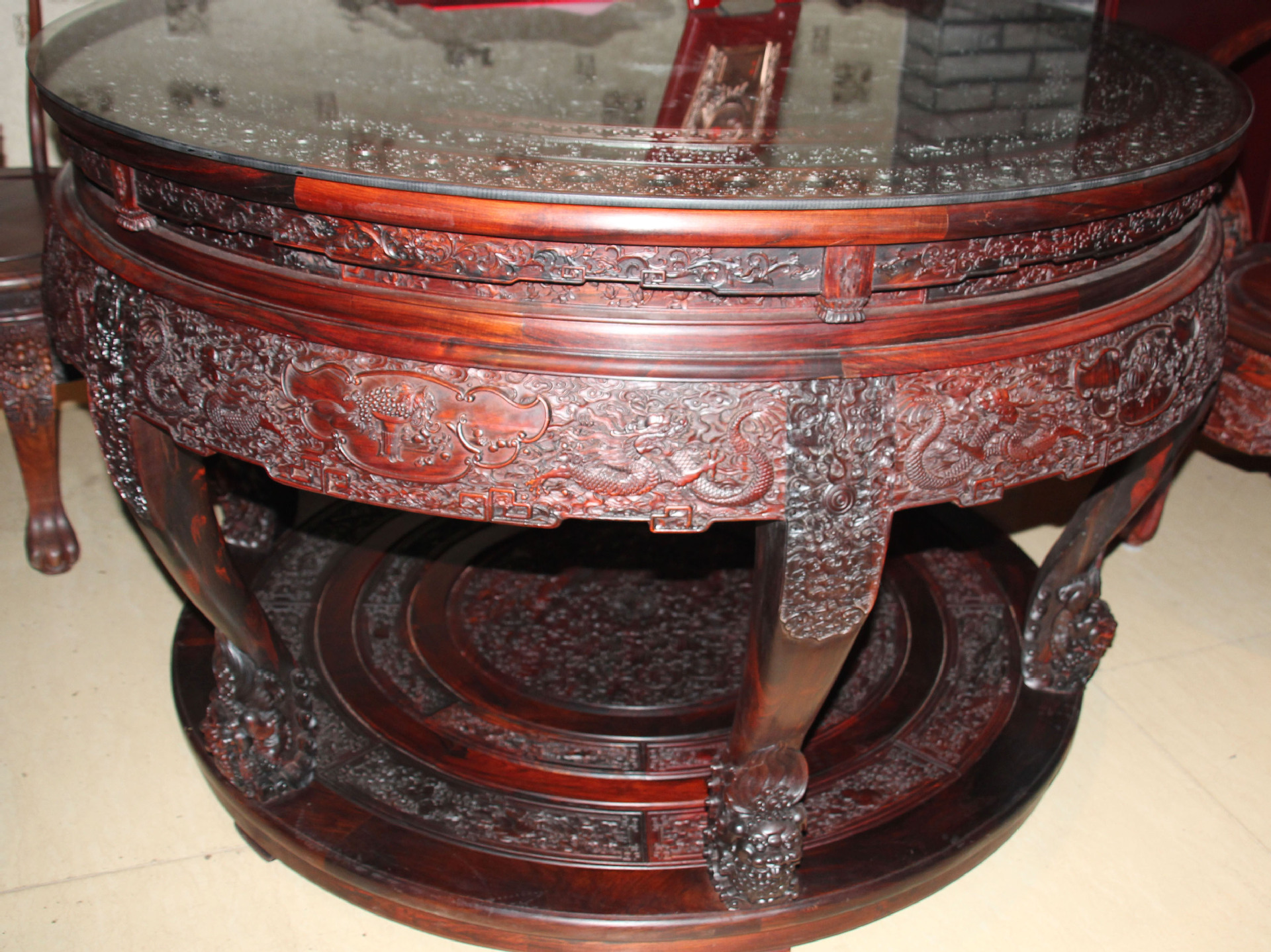 贞功堂红木家具 餐桌 大红酸枝嵌大叶紫檀七件套团圆餐桌