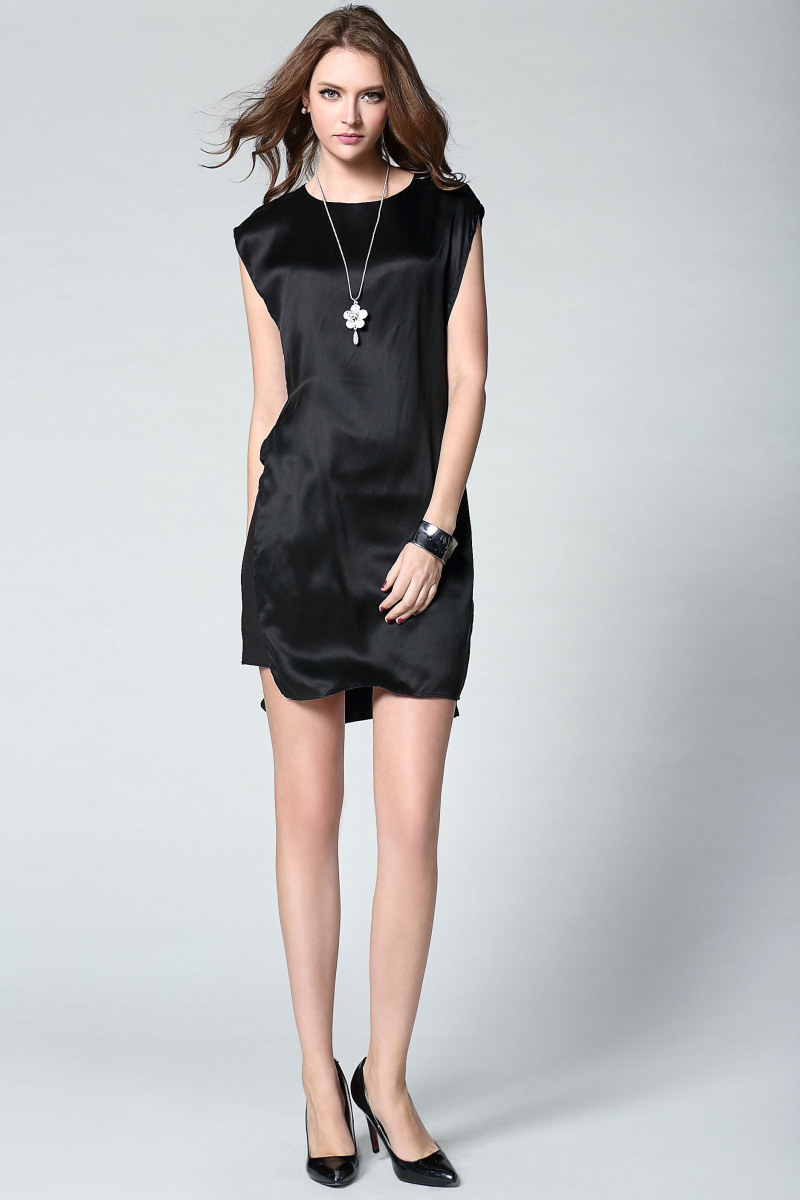 bieme欧美高端女装重磅真丝女宽松大码桑蚕丝纯色开叉连衣裙