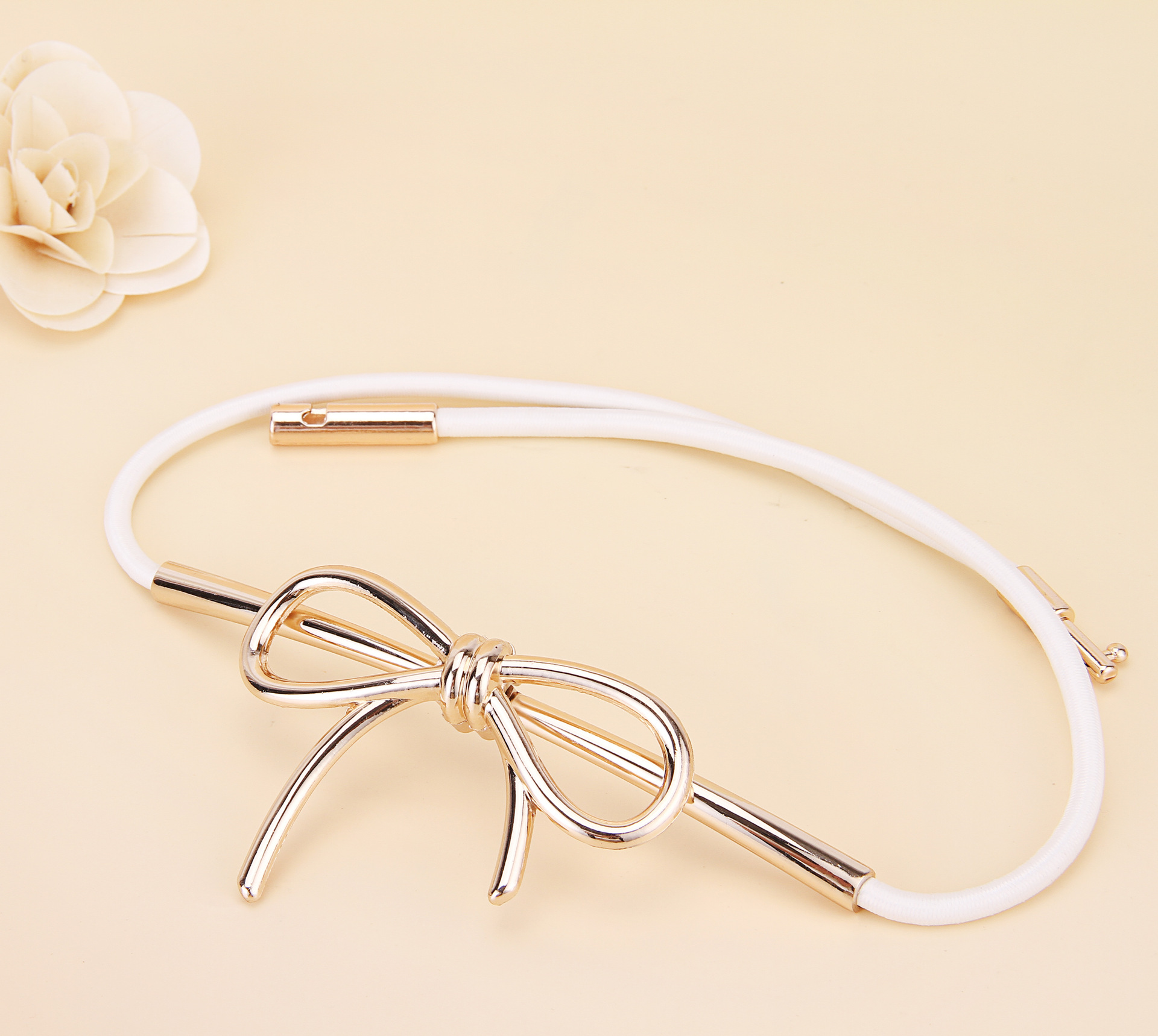 春夏秋款时尚金色立体蝴蝶结金属弹力松紧细腰封百搭名媛淑女腰带