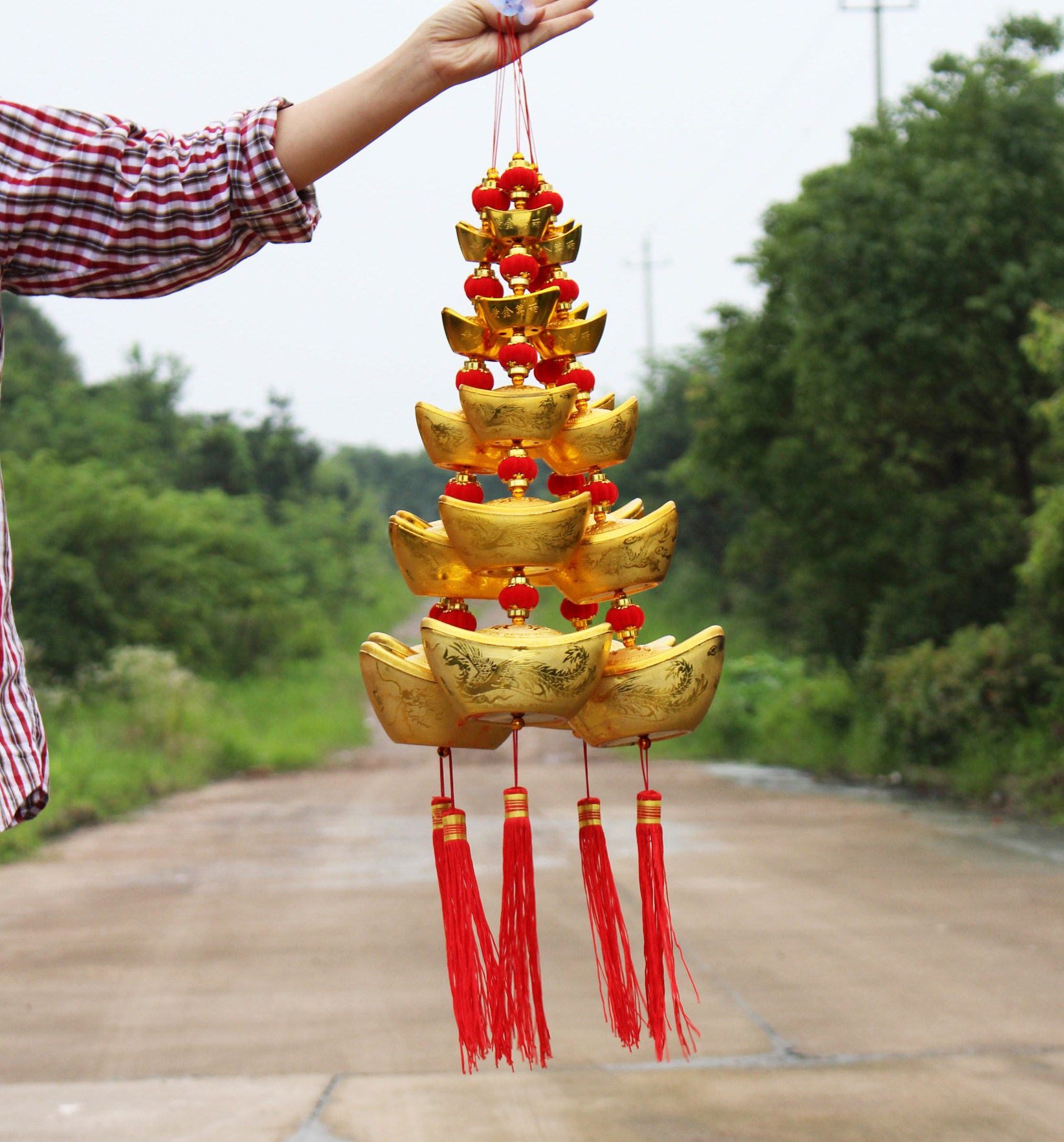 大小配合元宝串,喜庆吉祥塑料金元宝/小红灯笼串 挂件工厂直销