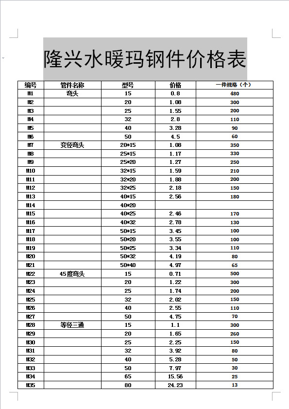 丝扣管件规格型号表图片