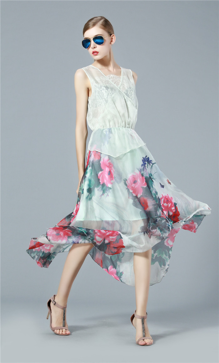 欧美高端女装夏 欧洲站沙滩长裙 真丝连衣裙 碎花连衣裙批发代理