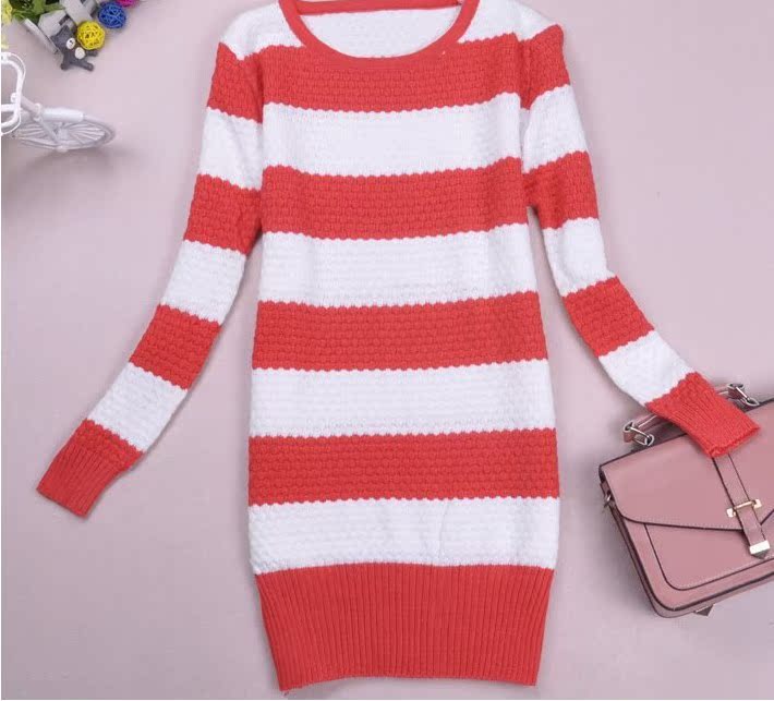 2015春款新款韩版女装条纹针织打底衫菠萝针中长款夹条毛衣女