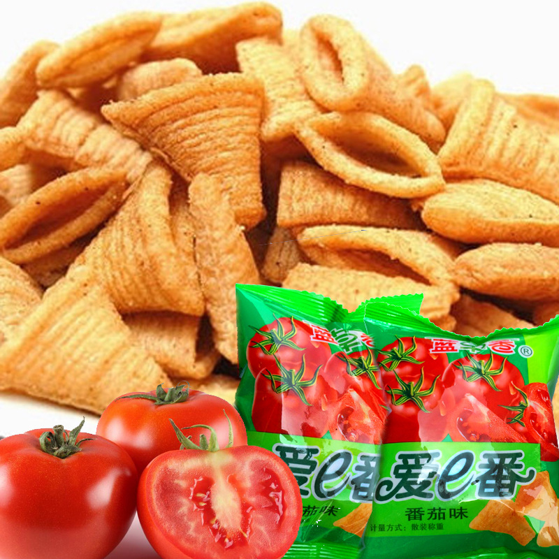 热卖休闲零食 番茄味妙脆角 爱e番7斤/箱 膨化食品类 厂家批发