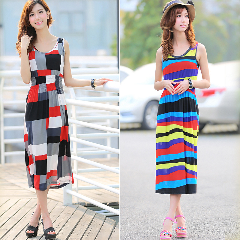 2015夏季中长款地中海风情连衣裙 沙滩背心裙中腰无袖裙打底裙