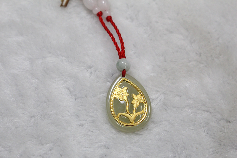 1044 和田玉镶千足金双茶花 金镶玉双茶花吊坠挂件厂家直销