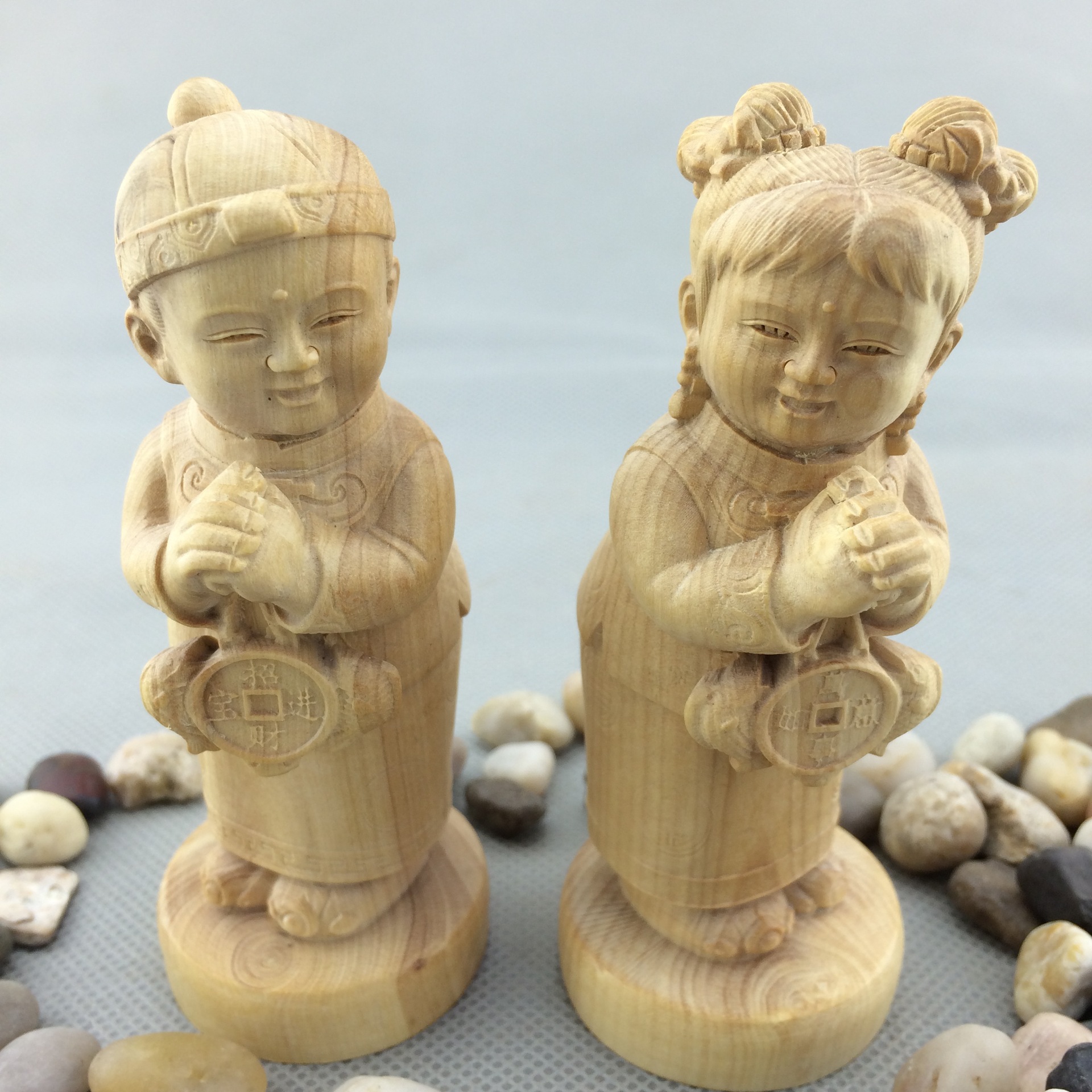 精品黄杨木金童玉女雕刻小件摆件 木质工艺品家居摆件 厂家批发