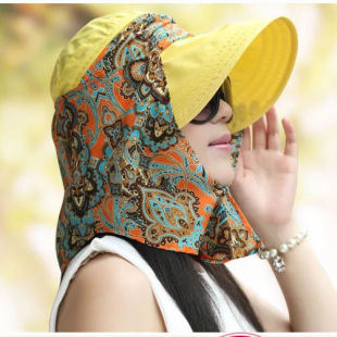 夏天女士遮阳帽 防晒帽防紫外线 可折叠太阳帽 带护脖纱巾 m2007