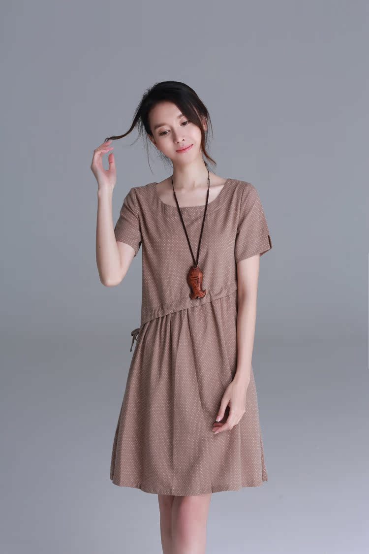 2015夏装新款女装大码抽绳宽松棉麻连衣裙 中长裙91367