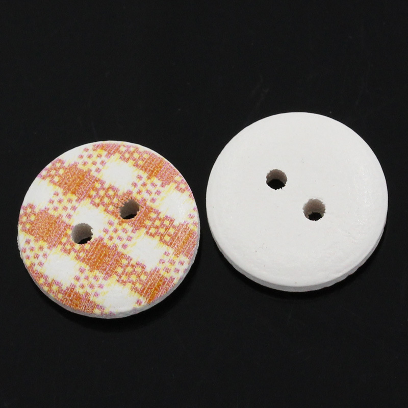 印花卡通扣子 格子条纹彩绘圆形双孔木质纽扣15mm diy童装辅料