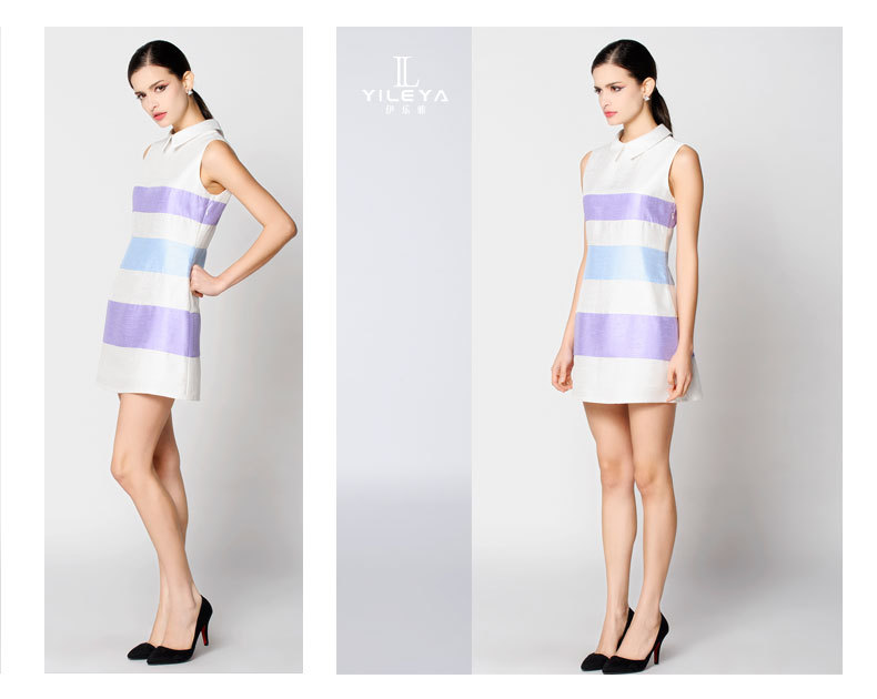 2015新款伊乐雅品牌女装 欧美无袖撞色拼接条纹衬衫式连衣裙