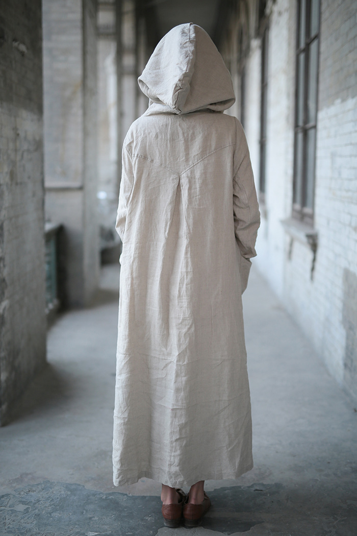 原创本麻薄款超大超长连帽长袖宽松柔软棉麻连大袍子小女巫