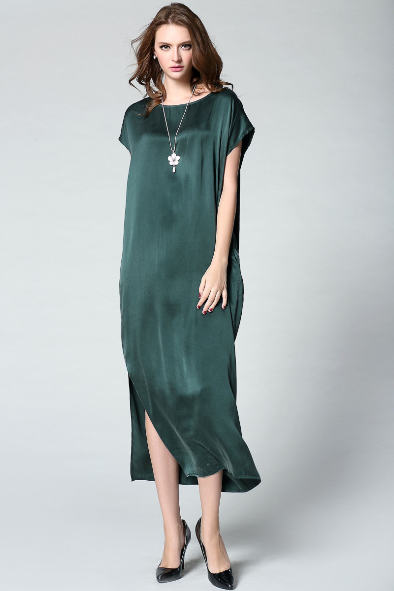 欧美新品高端女装真丝连衣裙 宽松大码桑蚕丝纯色开叉连衣裙长裙