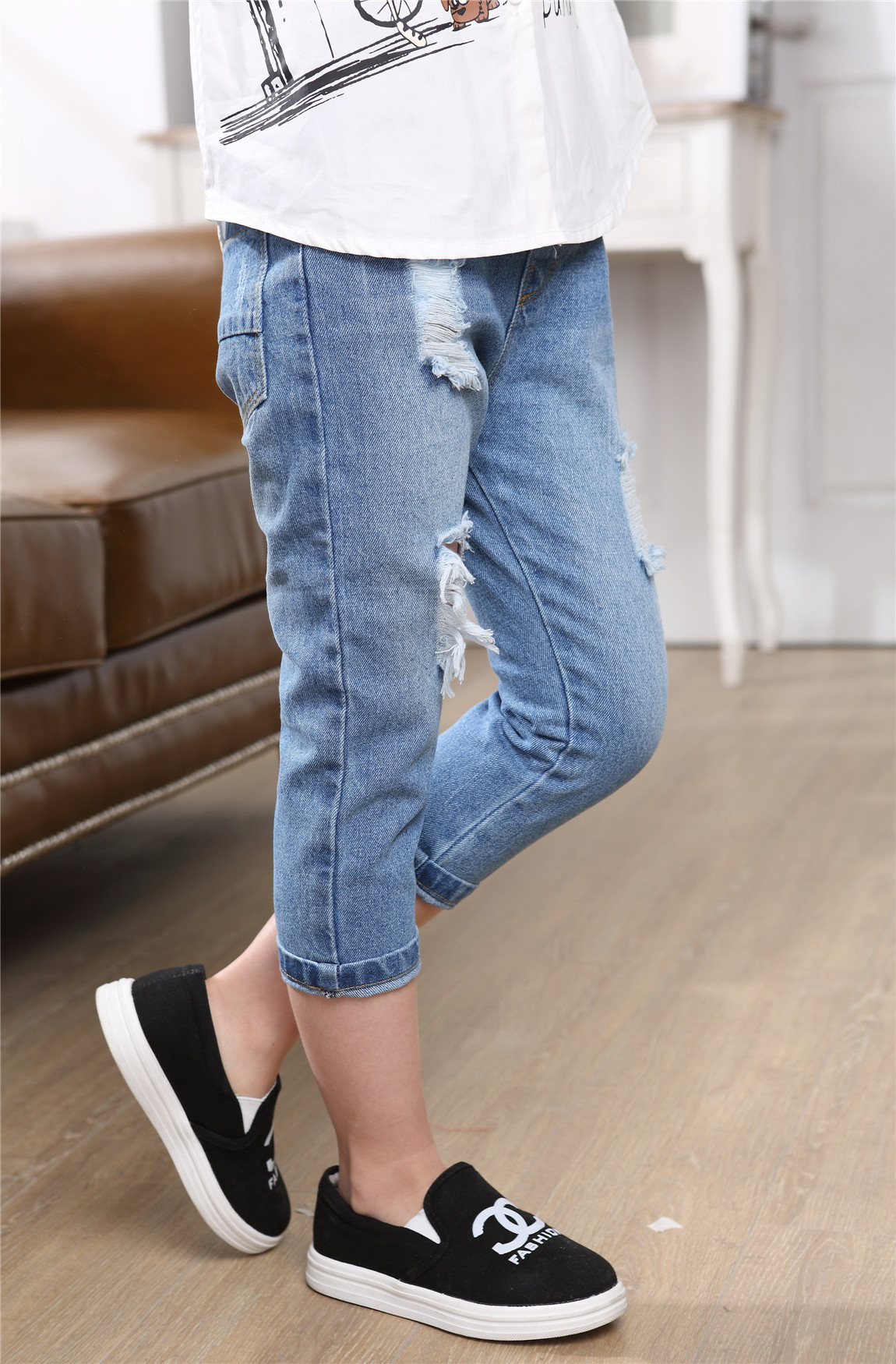 2015夏装新款女童牛仔裤中大童磨毛破洞牛仔裤儿童七分女童裤子