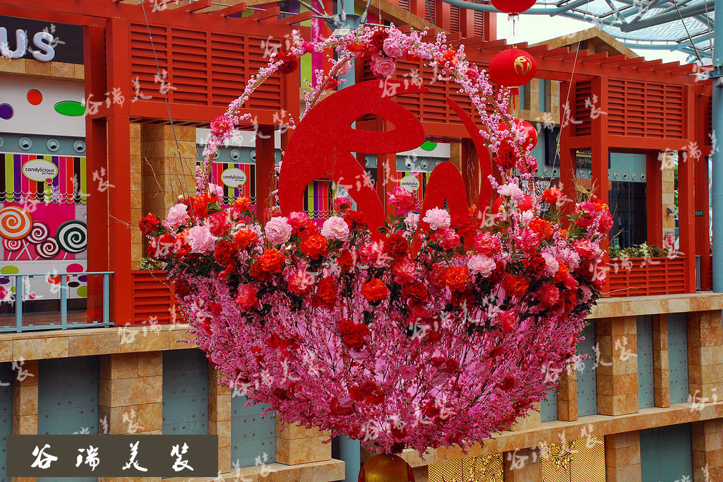 2015 商场春节美陈 春节商场桃花 花篮中庭装饰 大型中庭装饰