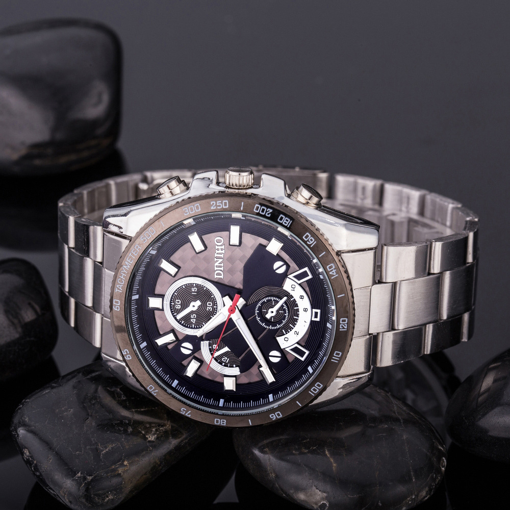 正品迪尼奥防水表 时尚三眼六针表 高档外贸手表 男士石英钢带表