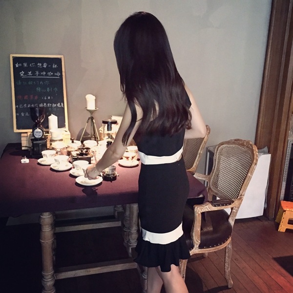 浙江杭州yumi定制2015夏装新款韩版修身黑白拼色露肩包臀裙 上下套装x