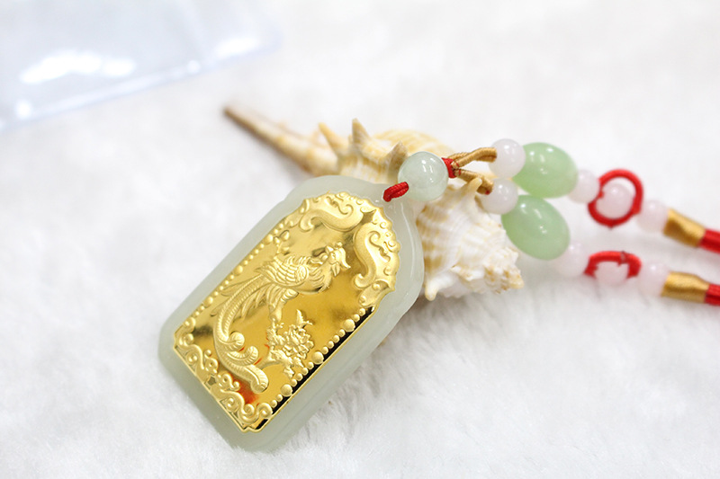 8002 厂家直销和田玉镶千足金凤牌 金镶玉金凤牌吊坠挂件