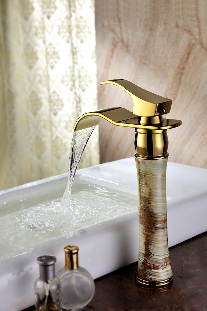 欧式金色水龙头 天然大理石面盆龙头 古典金色龙头 冷热水龙头