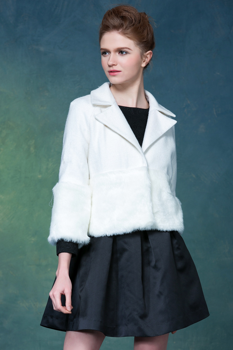 2014秋冬新款欧美大牌女装 缪可时尚纯色拼接毛毛短外套 tcg1399