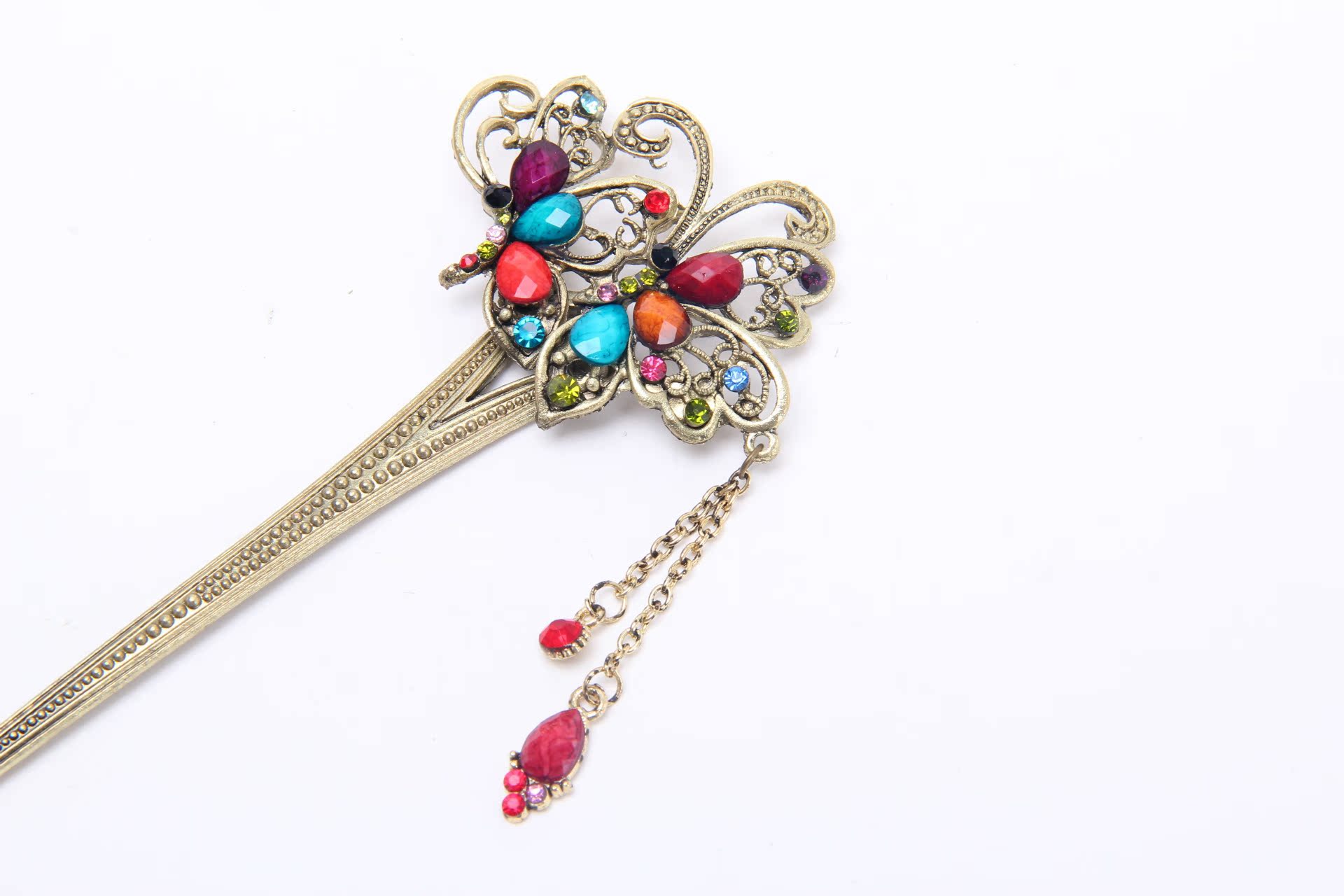 发簪古典镶钻紫水晶步摇流苏发钗簪子民族风复古宫廷蝴蝶飞舞款