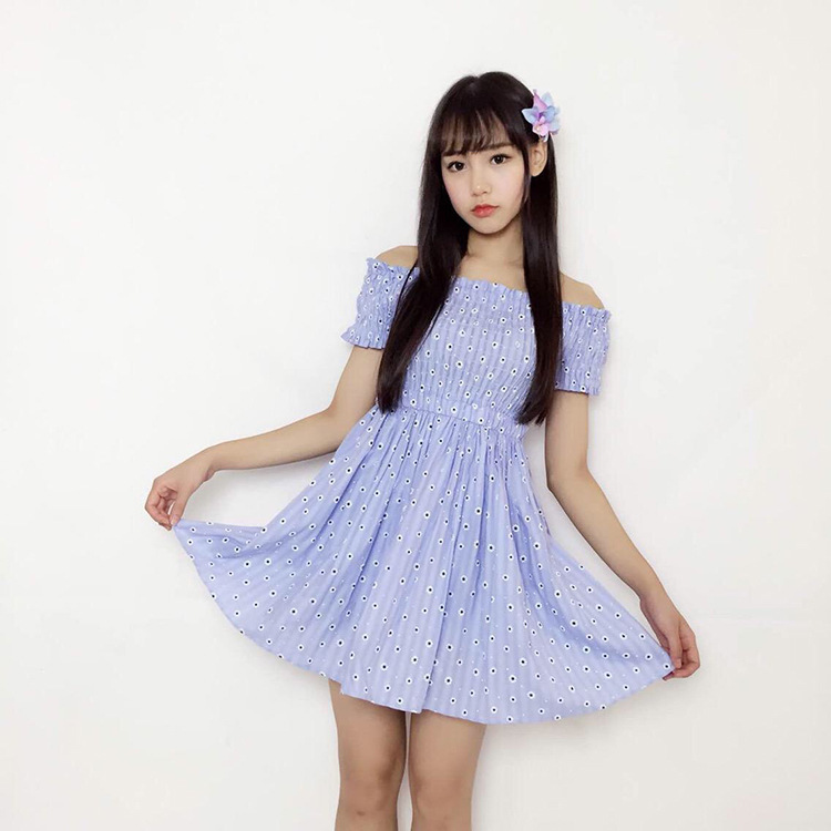 d-6 2358韩国东大门代购实拍曹若涵夏季新款性感一字肩印花连衣裙