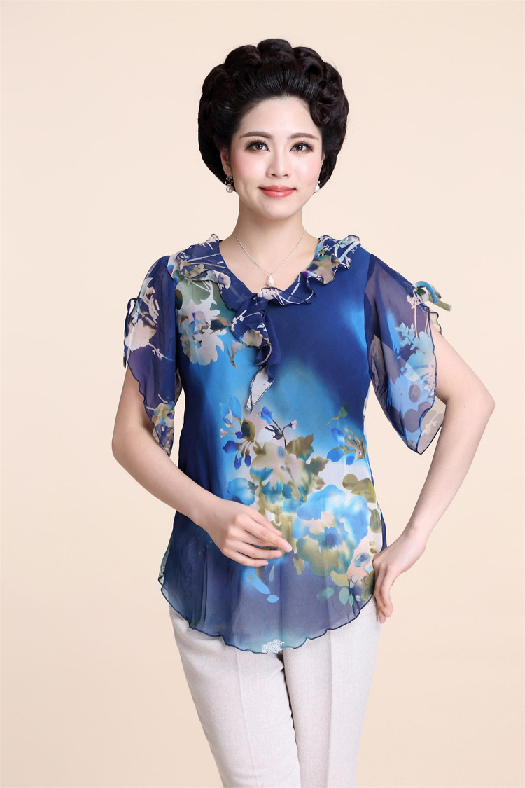 妈妈装中老年女装5060妇女夏装短袖t恤 中年妇女夏衣雪纺上衣半袖图片