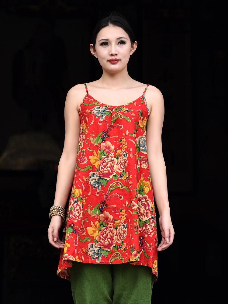 花开半夏民族风女装百搭吊带裙棉麻印花老花布打底裙